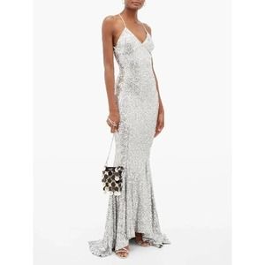 NWT Norma Kamali Sequin Mermaid Fishtail Silver Gown Size XS